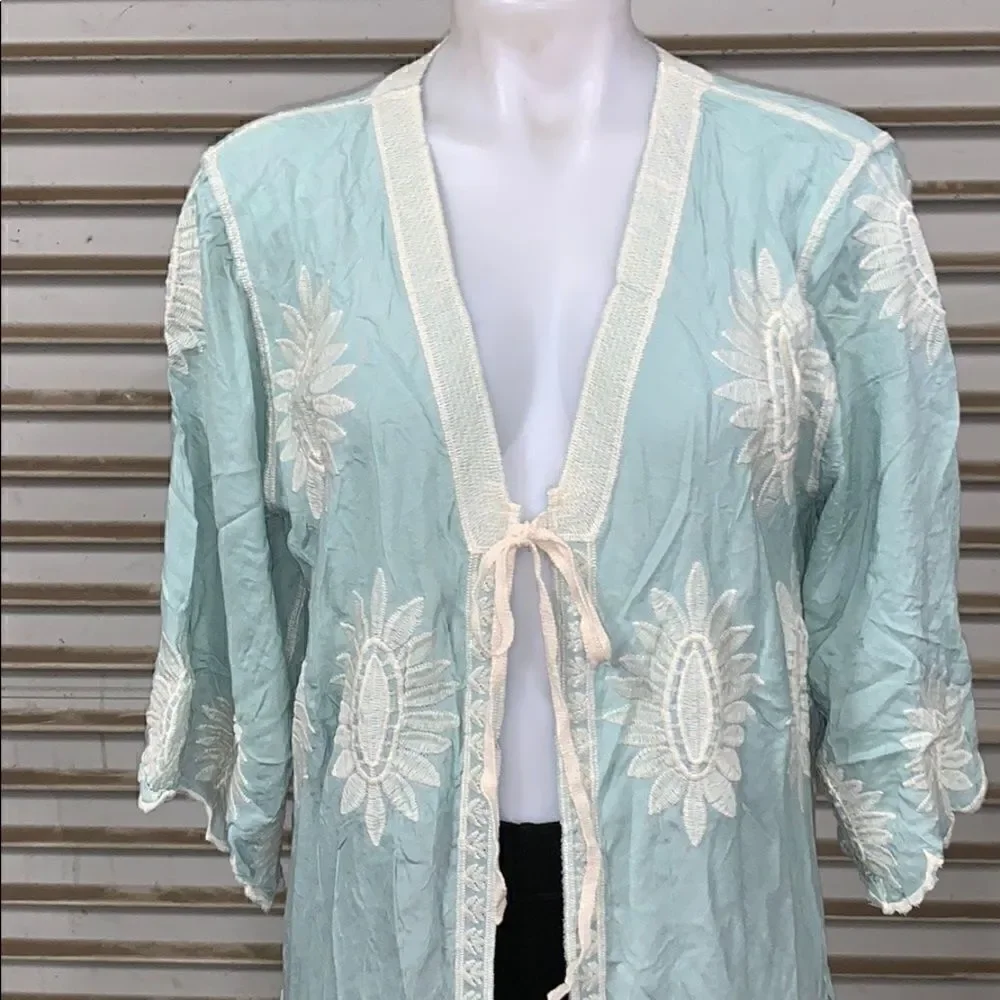 Long Sage kimono long sleeve tie front embroidery